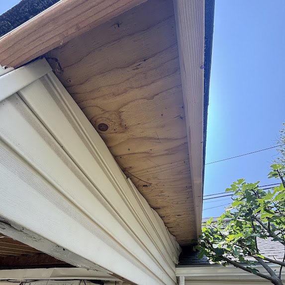 New fascia board installed at the eave before PVC trim coil wrap