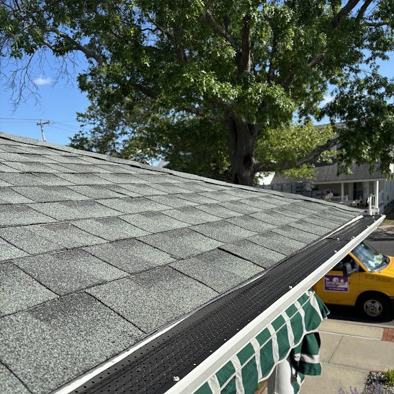 Black perforated RX aluminum gutter guard along a new Pewter Gray shingle roof edge