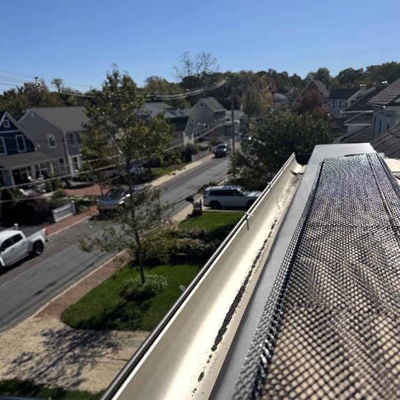 Stainless steel guard being installed over a cleaned half-round gutter overlooking a Fair Haven street