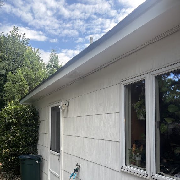 White aluminum-wrapped fascia along the rear roofline of a Freehold home