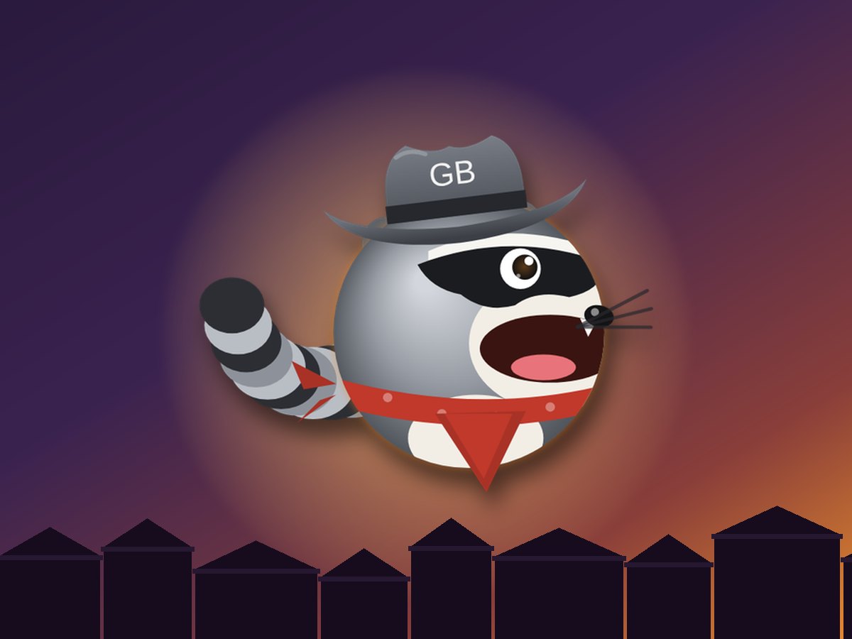 Gus Gutterson, the Gutter Bandits raccoon mascot, as a Loop Chomp character over a sunset and rooftops