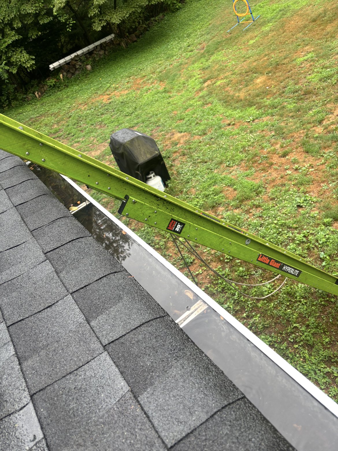 Cleaned gutter holding clear water beside a ladder in Roosevelt NJ